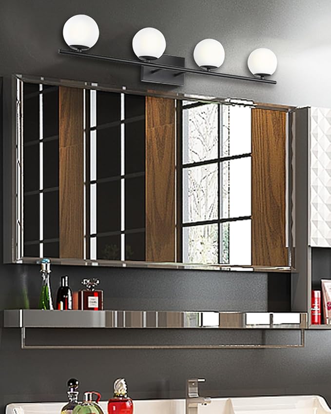 New Bathroom Vanity Light Fixtures Matte Black Milk White Globe Glass Shade 4 Lights Modern Wall Bar Sconce Over Mirror(4 lights-35.43inch)