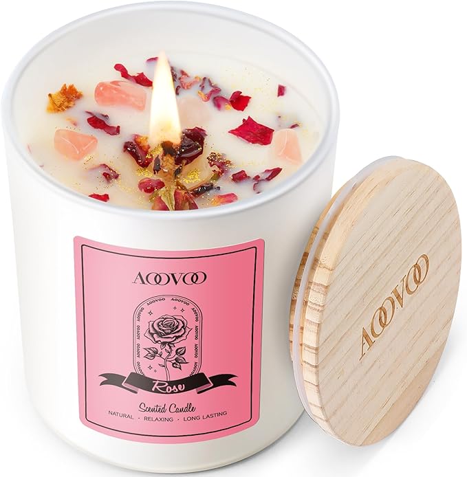 AOOVOO Rose Scented Candles for Women - Aromatherapy Candle with Crystals Inside, 10oz Soy Candles for Home Scented, Birthday Gifts Valentines Day Candle for Mom Women