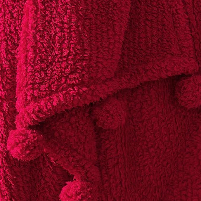 HORIMOTE HOME Ultra Soft Sherpa Throw Blanket with Pompom Fringe, Lightweight Plush Boho Throw Blanket for Couch, Sofa, Bedroom,Travel, Christmas Decor, Warm Blanket for Winter, 50"x60", Red