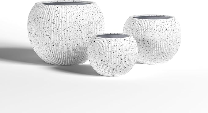 DTY Signature Mount Sherman Modern Indoor Outdoor Fiberstone Sphere Planter, Durable Round Garden Pot, Weather Resistant, Drainage Hole & Rubber Plug (Ribbed White, Medium)
