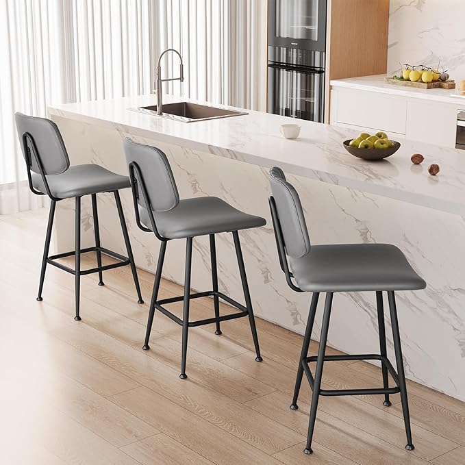 24-Inch Leather Bar Stools Set of 2, Counter Height Barstools with High Backrest，Bar Chairs for Kitchen Island with Heavy Duty Metal Base, Gray