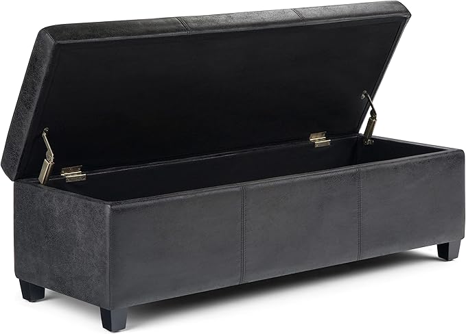 SIMPLIHOME Avalon Storage Ottoman Bench - 48 inch Wide Upholstered Vegan Leather Rectangular Lift-Top Ottoman in Distressed Black, Contemporary Storage Bench for Living Room with High-Density Foam