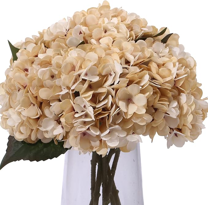 Kimura's Cabin 6pcs Cream Fake Hydrangea Flowers Artificiales Bouquets Faux Silk Hydrangea with Stems for Home Wedding Party Table Core Decoration (Beige)