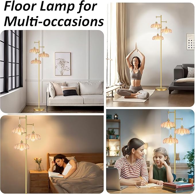 Gold Floor Lamp for Living Room Bedroom,Modern Floor Lamps with Unique Amber Glass Shades,68IN Mid Century Tall Flower Standing Lamp,Vintage 3 Lights Tree Floor Lamp for Corner Office Reading