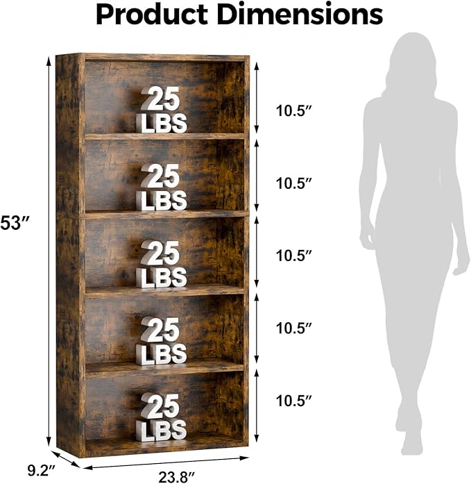 5-Tier Bookcase and Bookshelves, Freestanding Wood Bookshelf, 53" Tall Bookcase with Adjustable Shelves, for Living Room, Bedroom, Home Office, Retro Brown