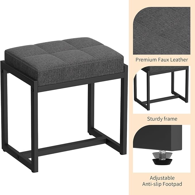 Vanity Stool, Vanity Chair Stools for Makeup Room, Square Linen Makeup Stool for Vanity, Modern Padded Small Ottomans Foot Rest for Bedroom Living Room, Dark Grey&Black