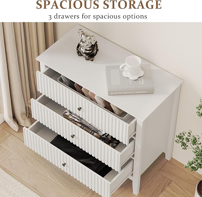 White Large 3 Drawer Dresser Set of 2, Painted 30 Inch Tall Wood Nightstand with Storage, Wide Modern Chest of Drawers with Ball Bearing Slide for Bedroom Hallway Living Room Entryway