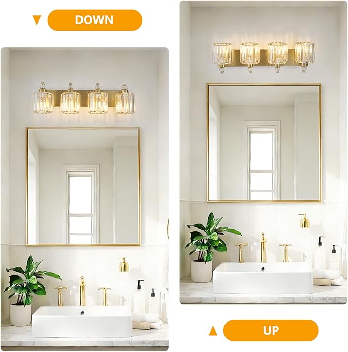 4-Lights Brushed Brass Bathroom Light Fixture Gold Vanity Lights Modern Crystal Bathroom Vanity Lighting Over Mirror Wall Sconce with K9 Crystal Shade E26 Base for Living Room, Bedroom Wall Lamp