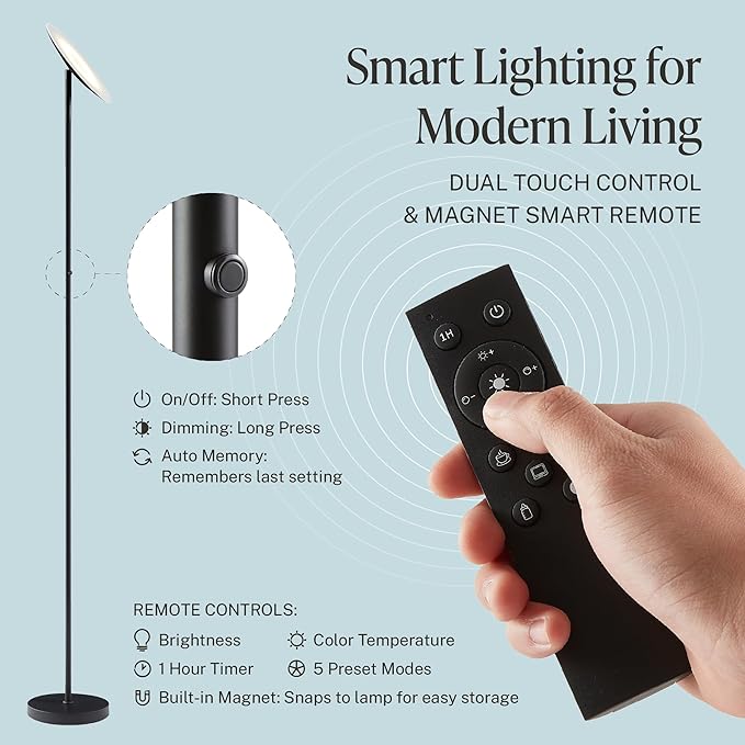 LED Torchiere Floor Lamp, 3200LM, 71" Tall Modern Torchiere Lamp in Zen Black, Stepless Dimming, Remote & Touch Control, Super Bright Light for Living Room and Bedroom, Heavy Stable Base