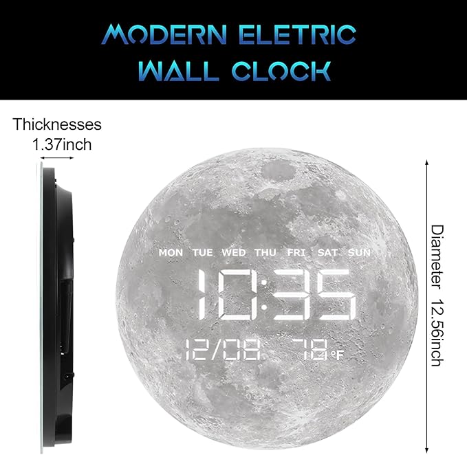 Digital Wall Clock, LED Moon/Earth Design, Temperature Display, 7.87 x 7.87 inches (Moon, 12.59 INCH)