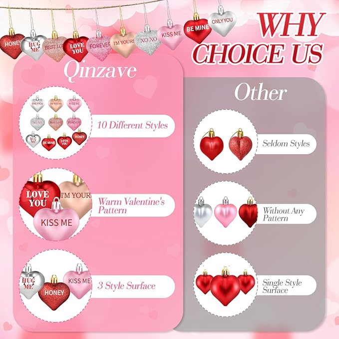 70Pcs Valentine's Day Heart Shaped Ornaments with Sweet Love Words, 10 Styles Valentine Ornaments for Tree, Red Pink Glitter Heart Shaped Valentine's Hanging Decorations for Wedding Anniversary