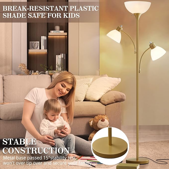 Luvkczc Floor Lamps for Living Room, 72" Tall Standing Lamps, Torchiere Lamp with 8W Adjustable Reading Lights, Modern Bright Floor Lamp for Bedroom, Office, Dresser, Gold&White, Bulbs Included