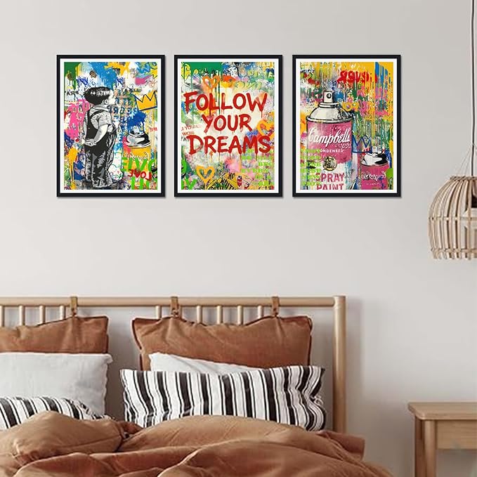 Novatique Banksy Canvas Wall Art Street Graffiti Picture Wall Decor Modern Graffiti Poster Artwork Framed for Living Room Bedroom,12" x 16" x 3Pcs