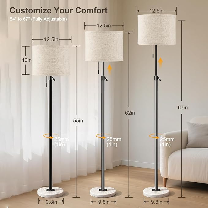 Floor Lamp for Living Room, Floor Lamp with Remote Control, Adjustable Height Modern Standing Lamp with Marble Base & Linen Shade, Dimmable Tall Floor Light for Bedroom, Reading Black