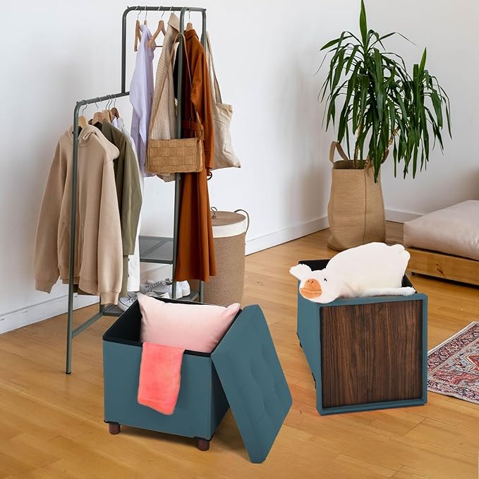 Storage Ottoman, Ottoman with Storage for Living Room Ottoman Square Tray Bedroom Cube Foot Rest Stool with Legs Small Ottomans Coffee Table Lid Foldable Footstool Faxu Leather 15"