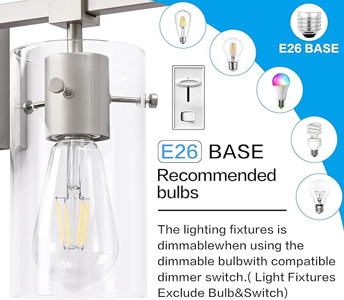 SOLFART 2 Light Wall Scone Vintage Vanity Light Fixtures Brushed Nickel Wall Light for Bathroom Lights Over Mirror with Glass Shade Light Fixtures (Exclude Bulb)