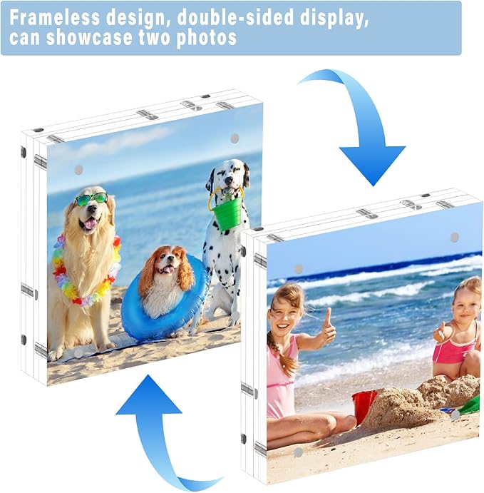 HELPLEX 2 Pack 8x8 Acrylic Picture Frames, 24mm Thicker Square Frameless Clear Frame Double Sided Magnetic Frame, Free Standing Desktop Display Stand Acrylic Frames