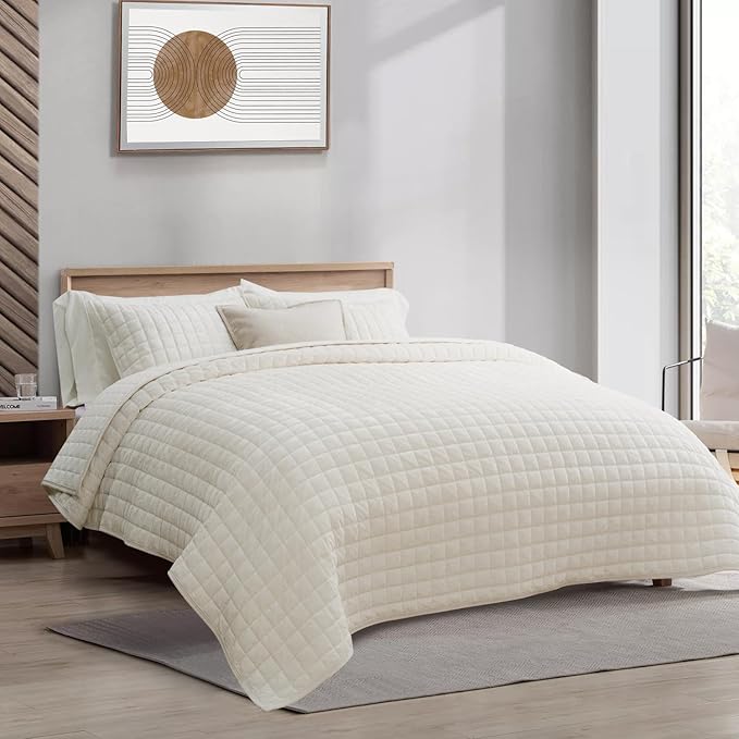 RECYCO Luxury Velvet Quilt Set, California King 118'' x 106'' Oversized Bedspread, Ultra Soft Velvet Comforter, Lightweight Box Stitch Bedding Sets for All Season, with 2 Shams, Cream White