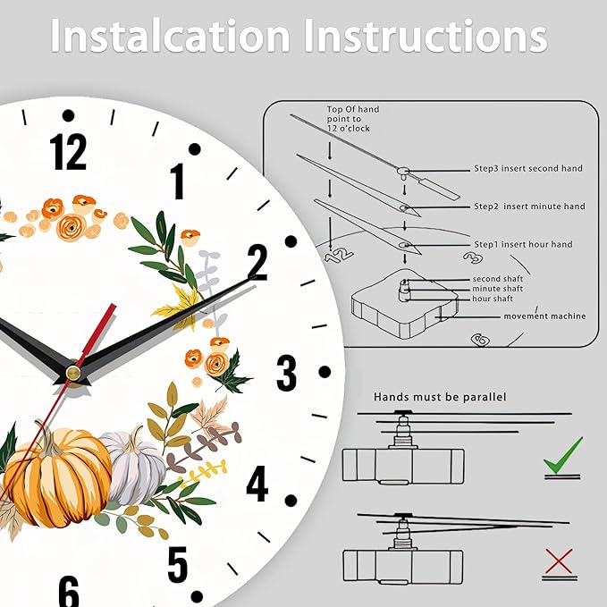 SPUNKER Thanksgiving Day Wall Clock,Autumn Pumpkin Kitchen Wall Clock,Maple Leaves Flower Clocks 10 Inch Silent Non-Ticking Wall Battery Operated for Living Room Bedroom Bathroom Laundry Room Decor