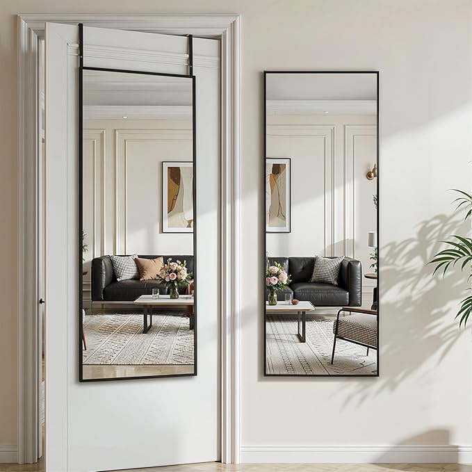 Antok Over The Door Mirror Full Length, 58'' x 21''Wall Mounted Hanging Mirror, Aluminum Alloy Frame, Shatterproof Glass, No Drill Installation for Bedroom, Closet, Bathroom, Dorm, Rect Corner,Black