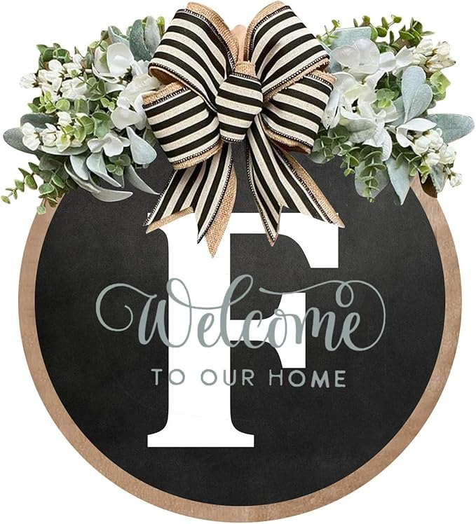 Circular Surname Front Door Welcome Sign - 26 Letter House Wreath, Front Porch Decorations, Year-Round Home Decor (F)