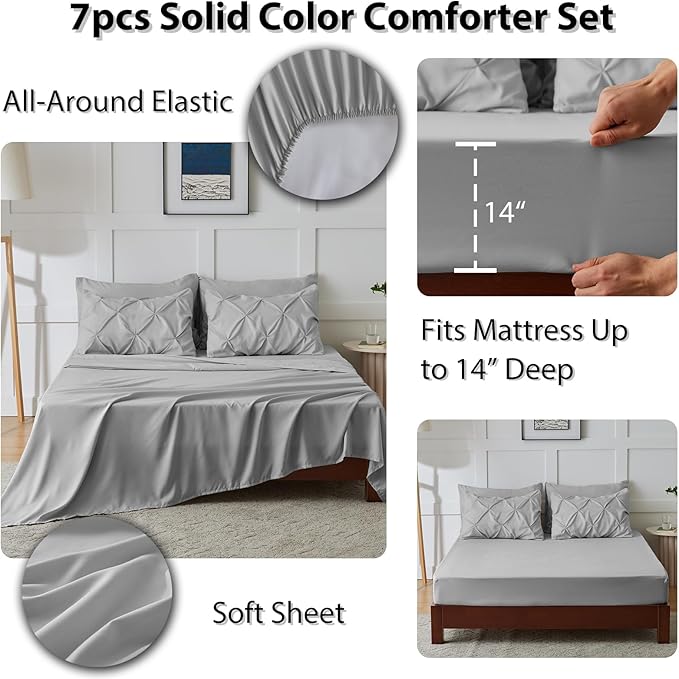 CozyLux Full Size Comforter Sets Light Grey, 7 Pieces Pintuck Bed in A Bag Gray Comforter Full Size, Pinch Pleat Bedding Sets with All Season Comforter, Sheets, Pillowcases & Shams