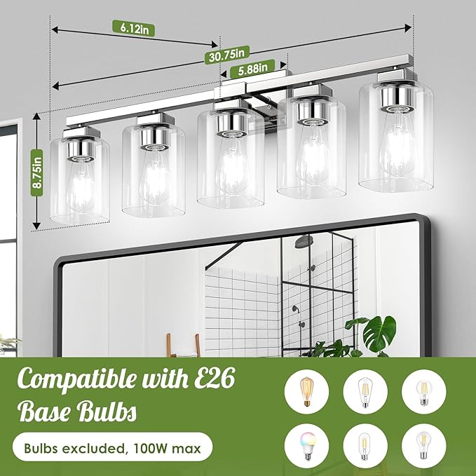 BesLowe 5-Light Bathroom Light Fixtures, Modern Chrome Bathroom Vanity Light, Bathroom Lighting Fixtures Over Mirror, Nickel Bathrom Wall Lamp, Wall Lights for Living Room Bedroom Hallway