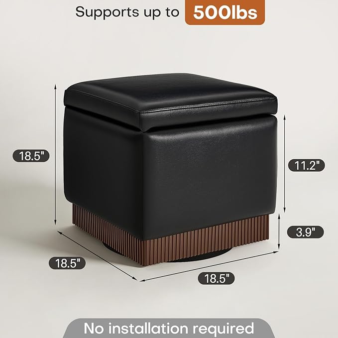 Swivel Storage Ottoman with Hidden Compartment, Square Faux Leather Footstool, Solid Acacia Wood Frame, 500 lbs Capacity, No Assembly Required, for Living Room & Bedroom