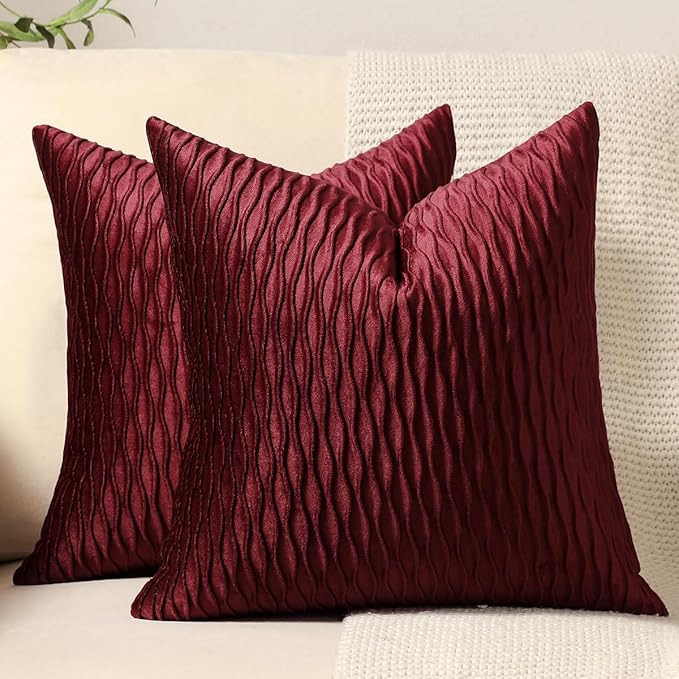 Wine Red Throw Pillow Covers: 2 Pack 22x22 Inch Original Striped Velvet Square Decorative Pillow Cases for Farmhouse Couch