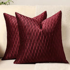 Wine Red Throw Pillow Covers: 2 Pack 22x22 Inch Original Striped Velvet Square Decorative Pillow Cases for Farmhouse Couch