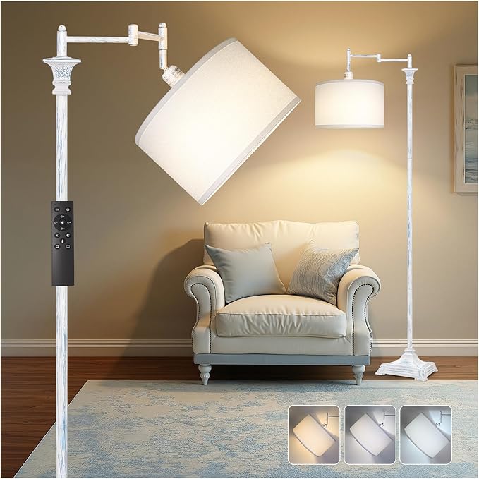 Scenekoy Rustic 68″ Tall Floor Lamp for Living Room Bedroom, Washed Blue Finish, Remote Control, 350º Adjustable Swing Arm, Smart LED Standing Lamp with Linen Shade, Decor for House Home Office