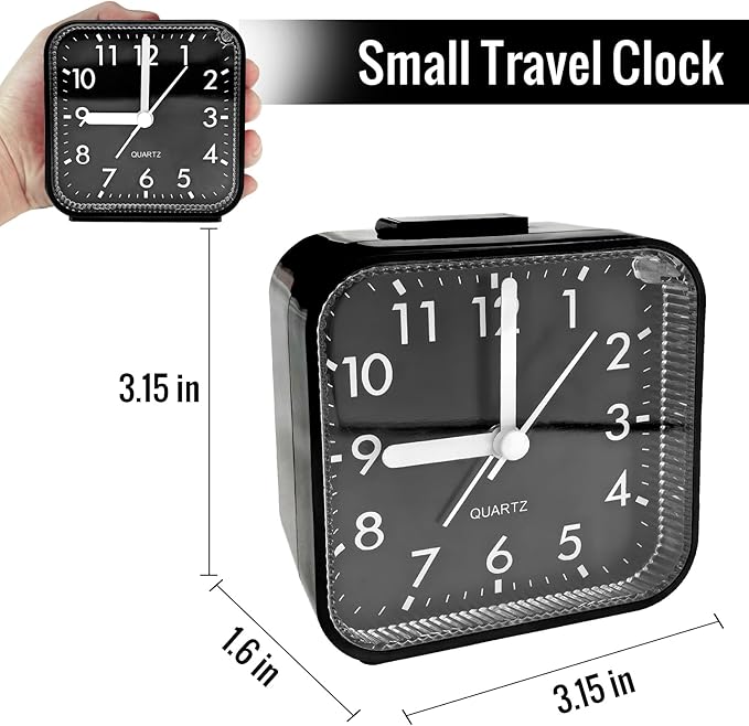 Small Analog Alarm Clock for Bathroom, Black Travel Clock, Battery Operated, Quieter Bedside Dial Clocks for Bedrooms Kitchen, Shelf Desk Clock