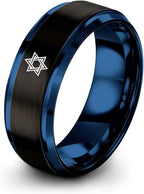 Mezuzah star Of David Ring - Gift for Jewish Family - Flat Dome Bevel - 8mm - Men Women - Yellow Gold Black Silver Blue - Anniversary Wedding - Personalized Custom Engraving - Band - Brushed Polished