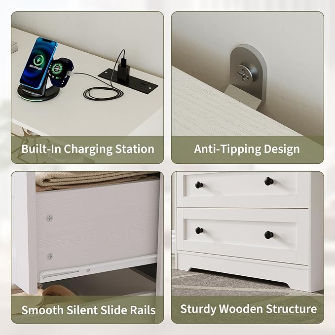 37.2" 3-Drawer Dresser with LED Lights & Charging Station, Wood Chest of Drawers with Open Space, Bedroom Closet Organizer for Living Room, Entryway, Bedside Storage, White