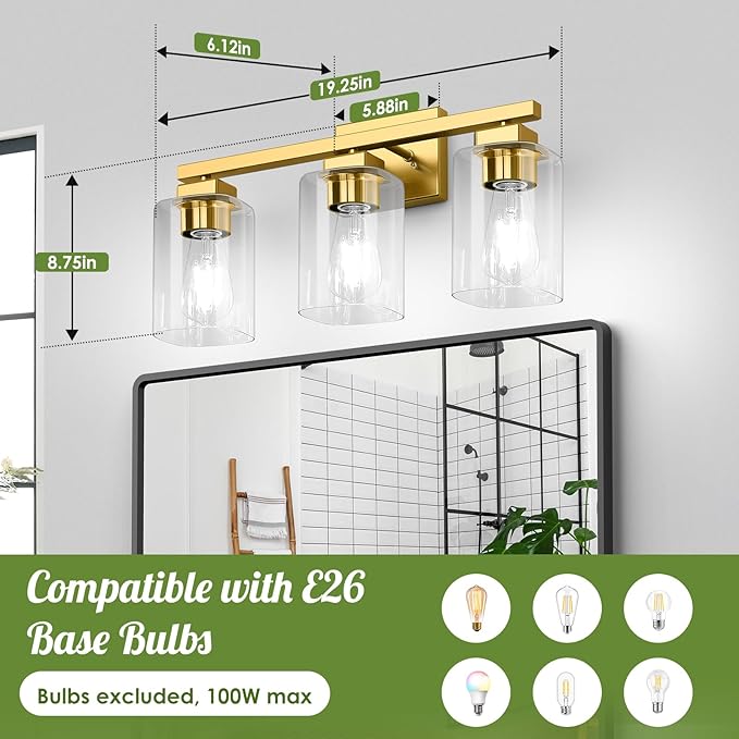 BesLowe 19‘’ 3-Light Bathroom Light Fixture, Modern Gold Bathroom Vanity Light Over Mirror, Matte Gold Wall Lamp, Sconces Wall Lighting Fixture for Living Room Bedroom Hallway