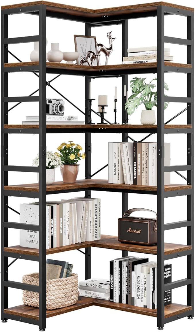 NUMENN 6 Tier Corner Bookshelf, Modern Corner Bookcase, Large Open Shelf Bookcase, Tall Bookshelves Storage Display Rack for Bedroom, Living Room and Home Office, Vintage