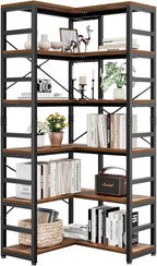 NUMENN 6 Tier Corner Bookshelf, Modern Corner Bookcase, Large Open Shelf Bookcase, Tall Bookshelves Storage Display Rack for Bedroom, Living Room and Home Office, Vintage