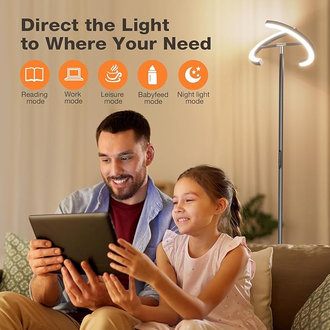 Gunmetal Gray LED Floor Lamp - Rotatable Standing Lamp for Living Room Bedroom, 22W Dimmable Floor Readig Light with Touch/Remote Control, Modern Corner Lamp for Office, Brightness Adjustable
