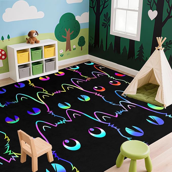 Black Cat Rug for Bedroom, Kids Cat Carpet for Girls Room Decor, Funny Cats Rugs Room Decor Playroom Cute Cats Themed Kids Area Rug Washable Non Slip Childrens Bedroom Mat 4x5 Feet