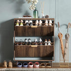 Shoe Cabinet Storage,Modern Freestanding Organizer with 2 Flip Drawers,Narrow Shoe Rack Cabinet for Entryway,Walnut