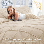 Sasttie Full Size Comforter Set, 7-Piece Bed in a Bag Double, Pintuck Bedding Set for All Season, Includes Comforter, Flat Sheet, Fitted Sheet, Pillowcases and Pillowshams, Warm Beige