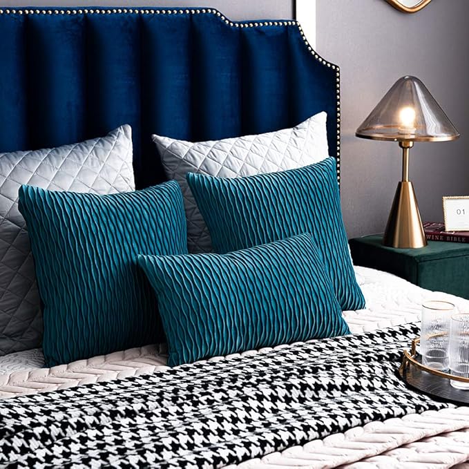 Turquoise Throw Pillow Cases 12x20: 2 Pack 12x20 Inch Original Striped Velvet Rectangular Decorative Pillow Covers for Farmhouse Couch