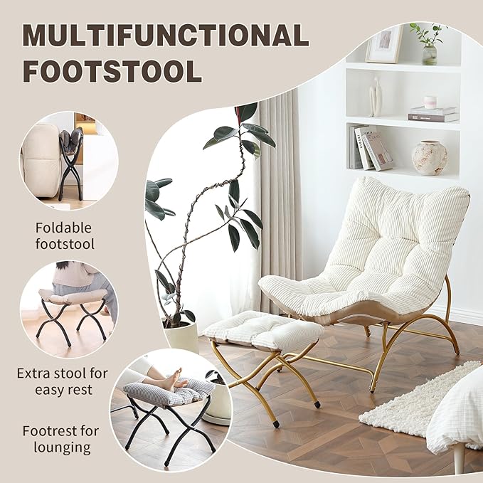 Welnow Modern Accent Chair with Ottoman, Upholstered Comfy Lounge Recliner Sofa, Thick Cushion Oversized Lazy Reading Chair with Footrest for Living Room, Bedroom, Apartment, Office, Dorm, Light Grey