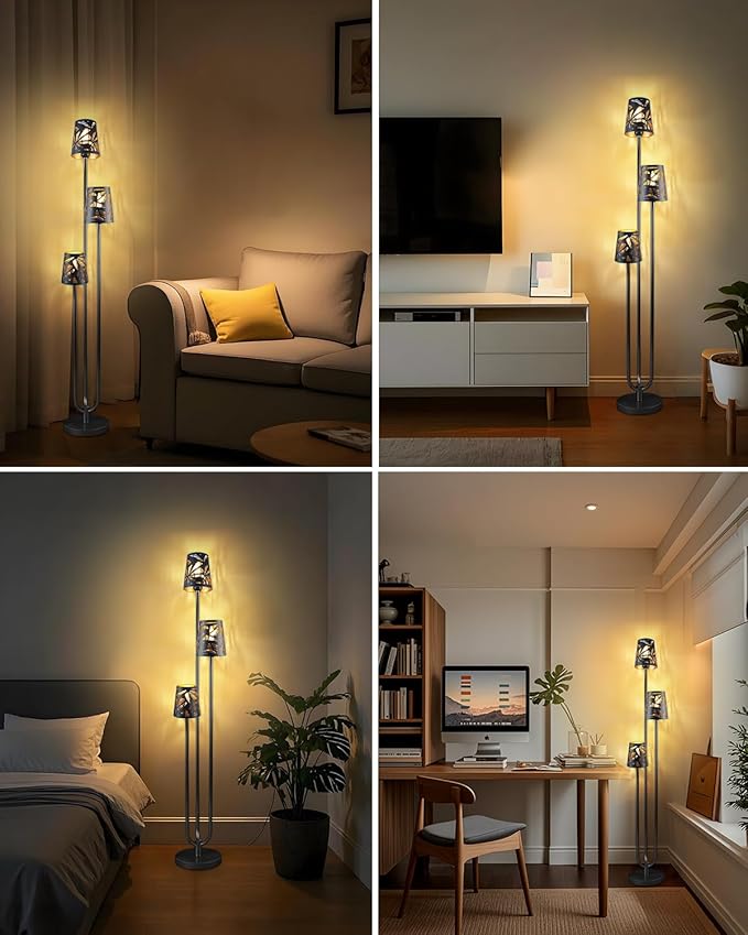 3-Light Black Floor Lamp for Living Room, Unique Candle Holder Style Tall Standing Lamps for Bedroom, 3000K Warmwhite Mid Century Modern Floor Lamp for Home Office(Bulbs Included)