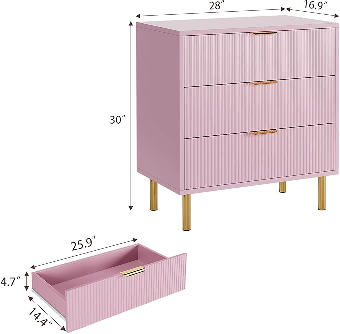 GarveeHome Pink Dresser, Modern 3 Drawer Dresser for Bedroom with Gold Handle and Large Drawer, Wood Double Chest of Drawers and Storage Organizer for Living Room, Hallway, Entryway