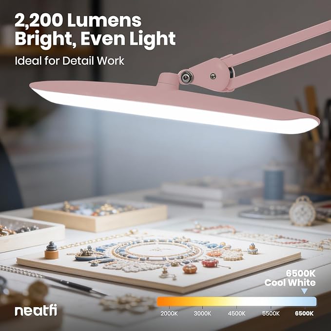 Neatfi XL Nail Desk Lamp with Clamp, 2200 Lumens, 20-Inch Wide Head, Dimmable 4 Levels, 6500K, LED Task Light for Manicure Table, Crafts, Workbench, Office (Non-CCT, Rose Gold)