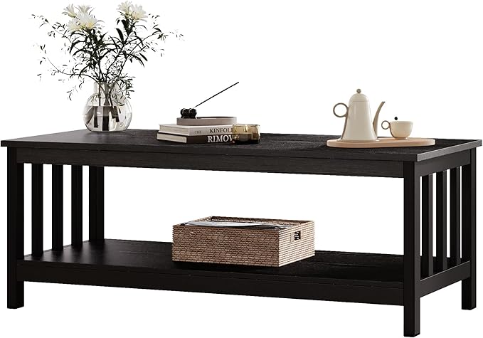 ChooChoo Mission Coffee Table, Black Wood Living Room Table with Shelf, 47 inch