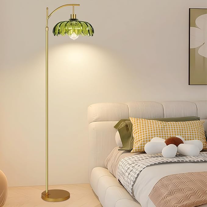 Gold Floor Lamps for Living Room Vintage Green Floor Lamp with Remote Control & Glass Lampshape,Dimmable Mid Century Modern Standing Lamp Tall Flower Lamp Brass Floor lamp for Bedroom Corner