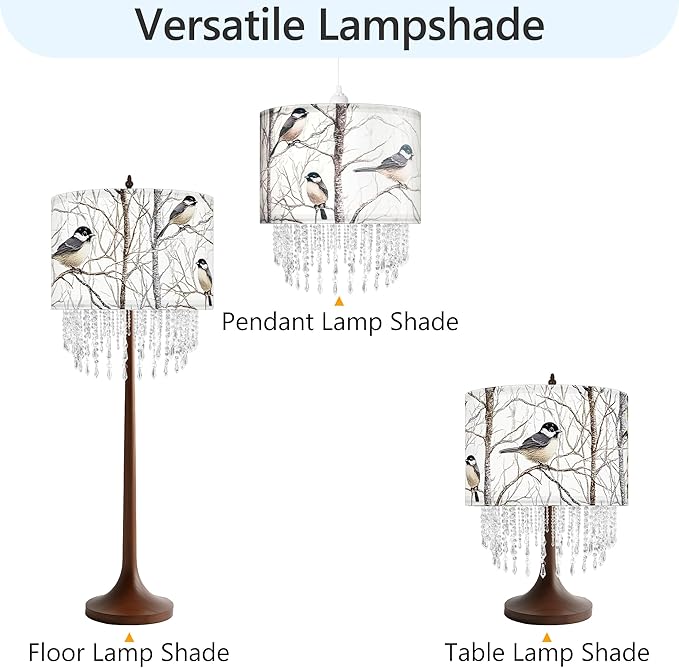Winter Bird Tree Lamp Shade with Acrylic Bead Droplets, Blue Jay Fabric Light Shade for Pendant Table & Floor Lamp, Nature Gift for Bird lover or Garden Women, 15.7in