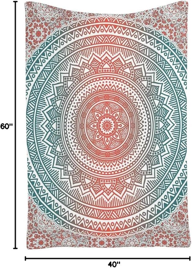 Ambesonne Teal and Coral Tapestry, Ombre Mandala Art Antique Gypsy Folk Pattern Cosmos Image, Wall Hanging for Bedroom Living Room Dorm Decor, 40" X 60", Teal Coral